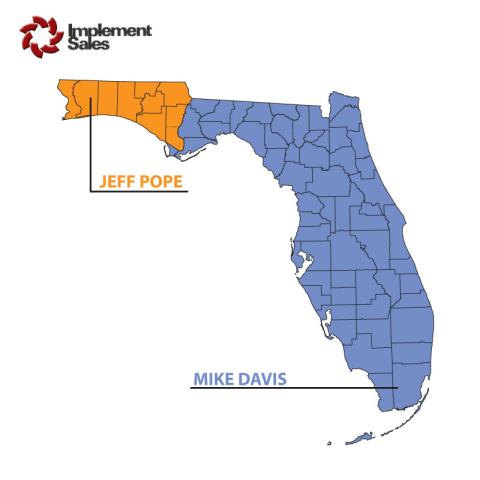 Image showing Florida map with counties showing Implement Sales's distribution territory split between northwestern and remaining regions