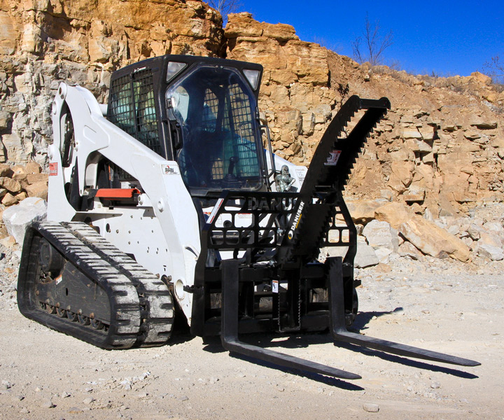 Lock & Load  Danuser is proud to introduce the Multi-Purpose Grapple as the newest accessory to the Danuser Pallet Fork line. Expand the functionality of your pallet forks to carry various items such as logs, rocks, pipe, brush, debris, hay bales, fence posts and more. Versatile working options permit the Multi-Purpose Grapple to be pinned in an upright position which allows for normal pallet fork use without the hassle of removing the grapple from the frame (no tools required). With a maximum opening of 55