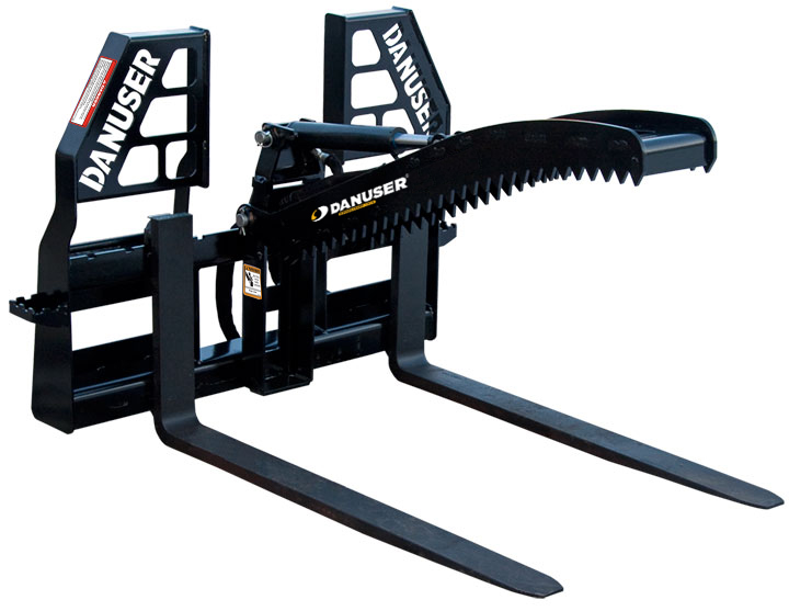 Lock & Load  Danuser is proud to introduce the Multi-Purpose Grapple as the newest accessory to the Danuser Pallet Fork line. Expand the functionality of your pallet forks to carry various items such as logs, rocks, pipe, brush, debris, hay bales, fence posts and more. Versatile working options permit the Multi-Purpose Grapple to be pinned in an upright position which allows for normal pallet fork use without the hassle of removing the grapple from the frame (no tools required). With a maximum opening of 55