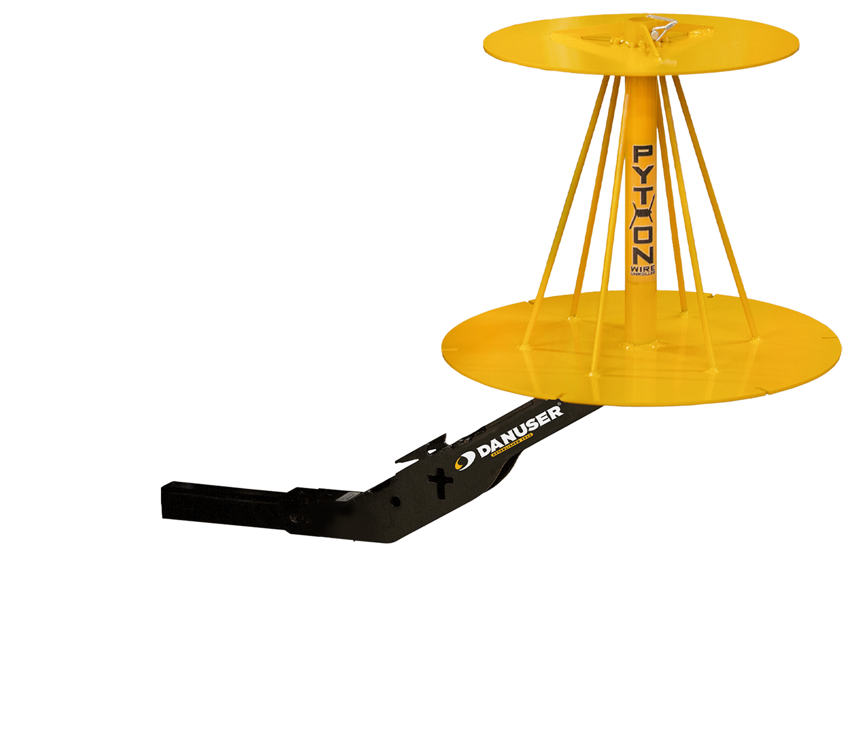 Image showing Danuser Python Wire Unroller from front-left view with 'Python' on yellow cylinder and white/yellow 'DANUSER' logo on black arm