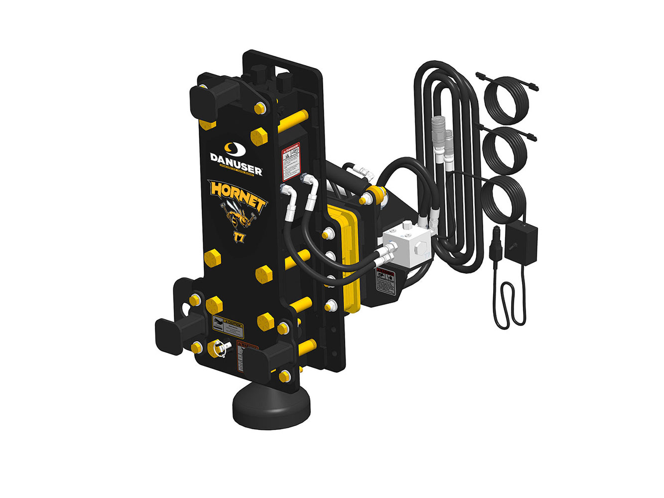 Image showing Danuser Hornet T7 for backhoe/excavator front-right view, yellow 'HORNET T7' text, tilt feature, hoses, and components shown from downward angle