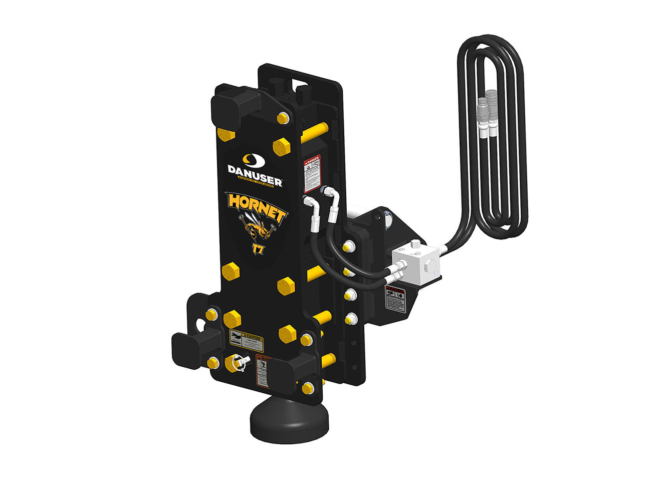 Image showing Danuser Hornet T7 post driver for backhoe/excavator front-right view, yellow 'HORNET T7' text, visible with hoses, and components shown at downward angle