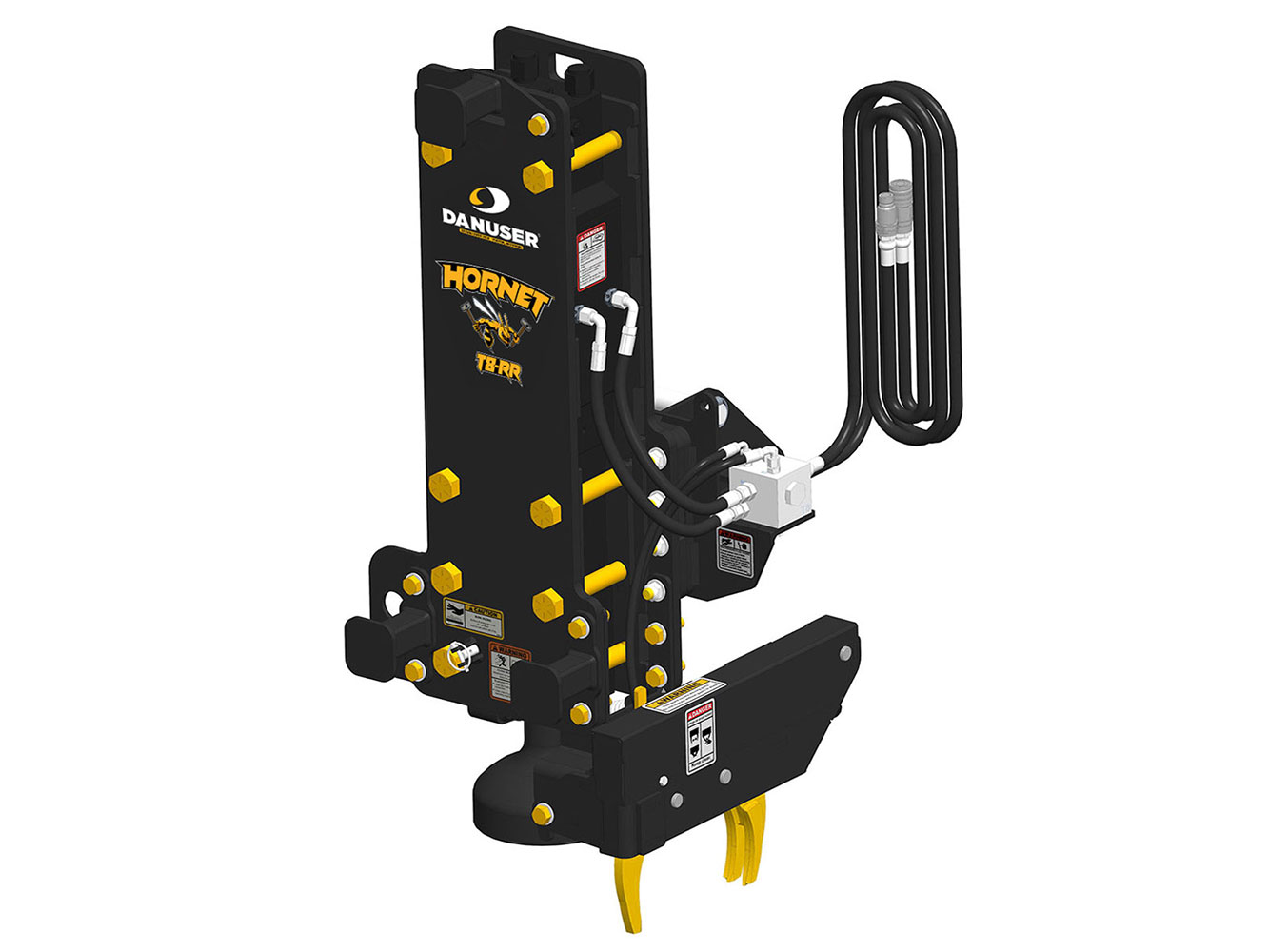 Image showing Danuser Hornet T8-RR for backhoe/excavator front-right view, yellow 'HORNET T8-RR' text, grapple, hoses, and components from downward angle