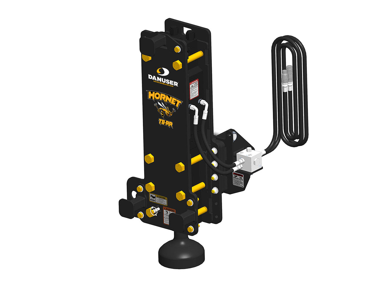Image showing Danuser Hornet T8-RR post driver for backhoe/excavator front-right view, yellow 'HORNET T8-RR' text, visible with hoses, and components shown at downward angle
