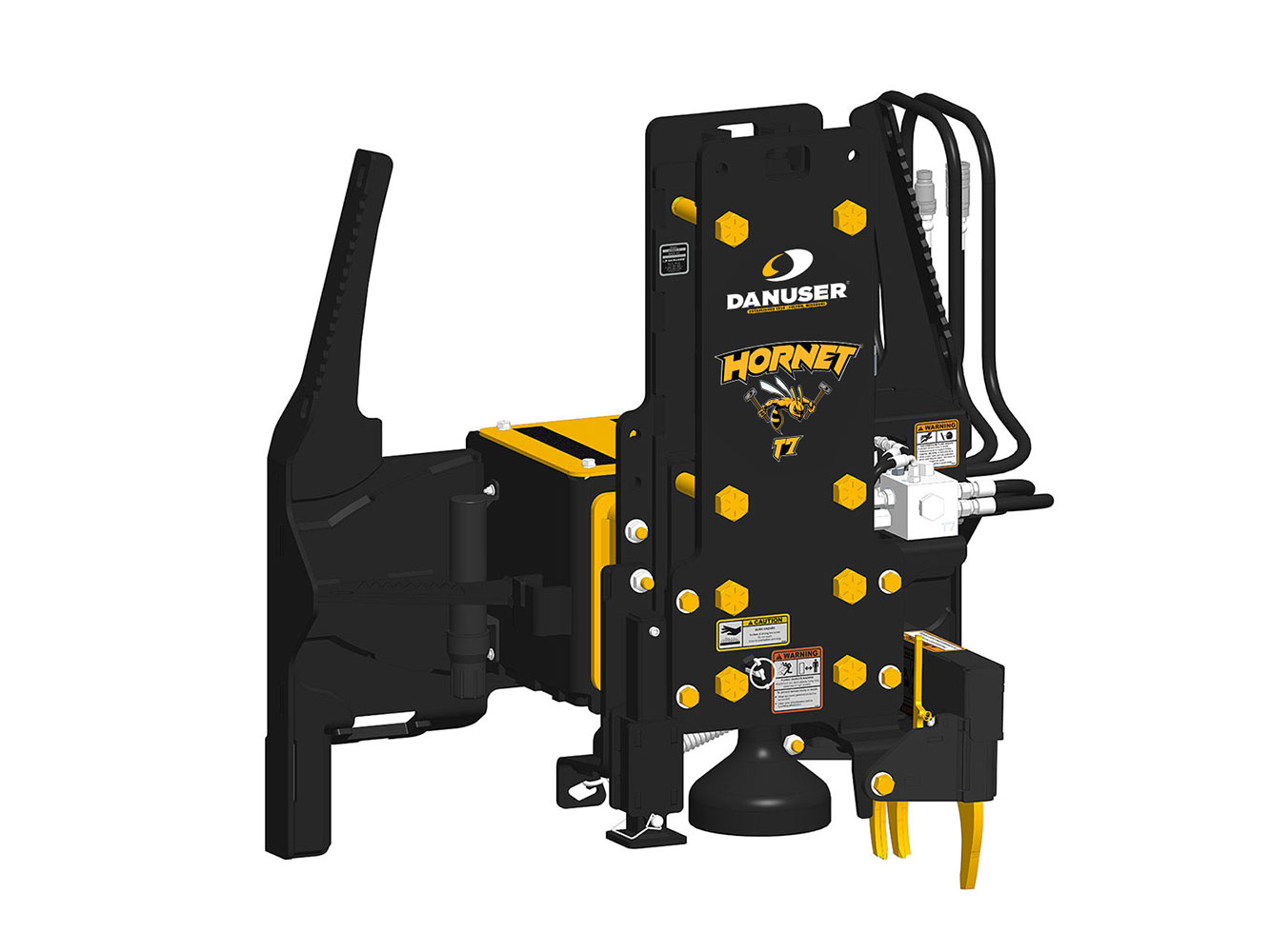 Image showing Danuser Hornet T7 post driver for skid steer, front-left view with yellow 'HORNET T7' text, grapple and tilt features, and visible hydraulics