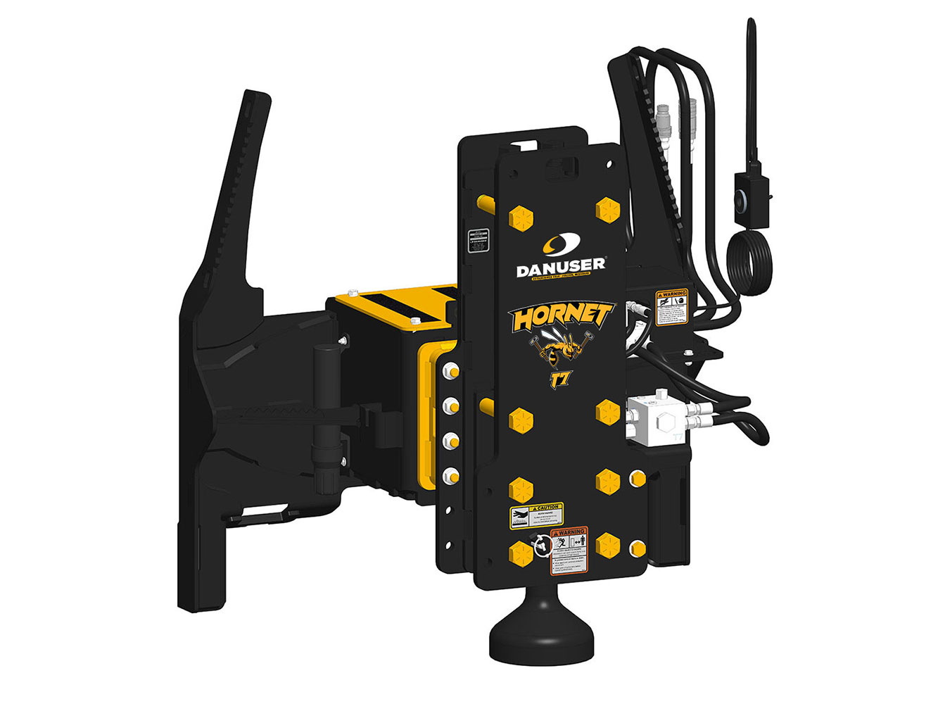 Image showing Danuser Hornet T7 post driver for skid steer, front-left view with yellow 'HORNET T7' text, tilt feature, and visible hydraulics