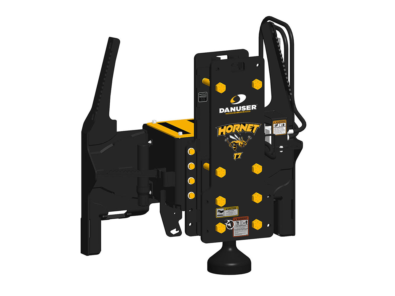 Image showing Danuser Hornet T7 post driver on skid steer, front-left view with visible hydraulics and yellow 'HORNET T7' text