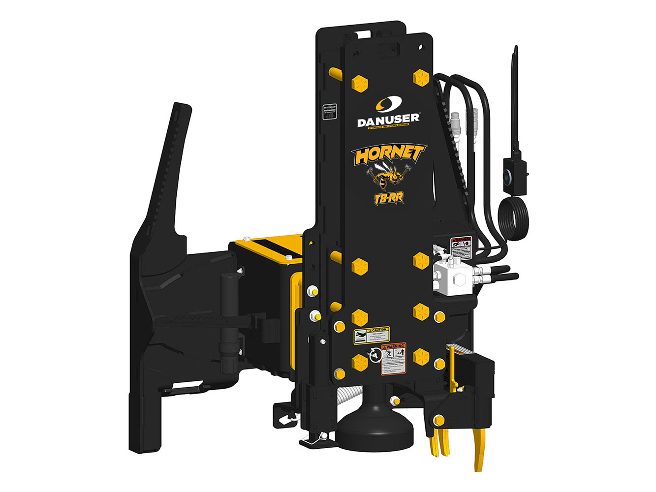 Image showing Danuser Hornet T8-RR for Skid Steer, front-left angle view with yellow 'HORNET T8-RR' text, grapple and tilt features, and visible hydraulics