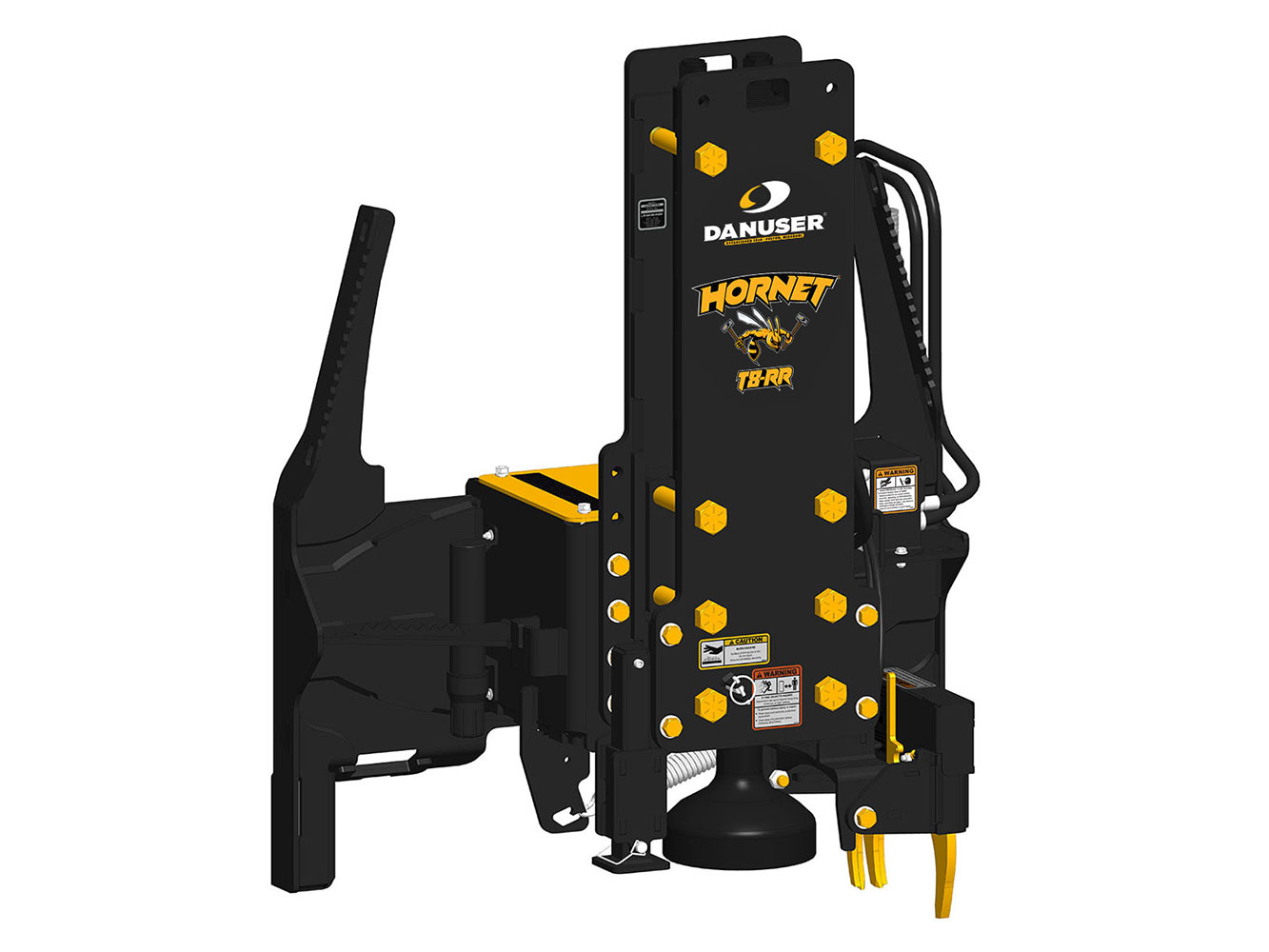 Image showing Danuser Hornet T8-RR for Skid Steer, front-left angle view with yellow 'HORNET T8-RR' text, grapple, and visible hydraulics