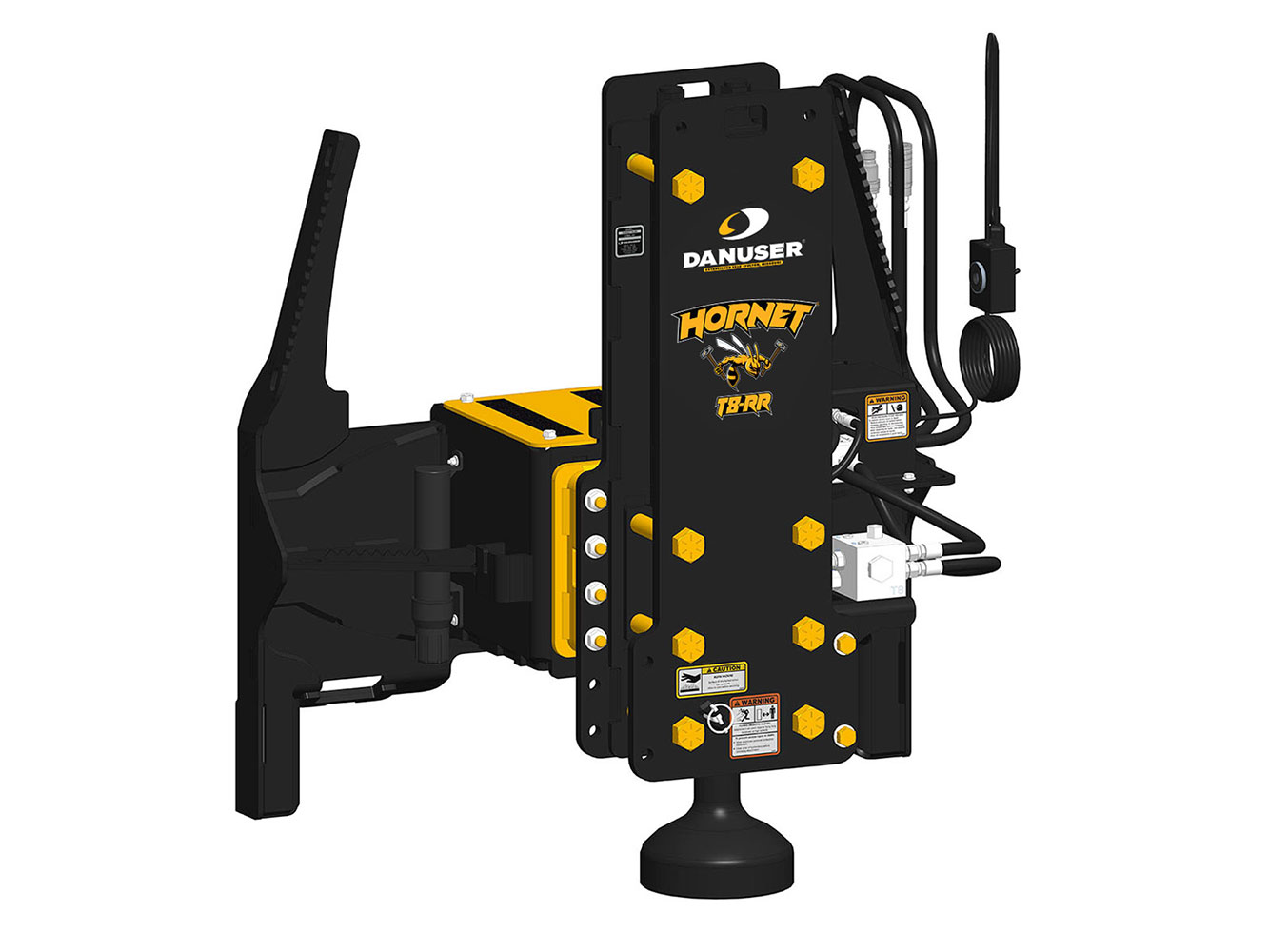 Image showing front-left view of Danuser Hornet T8-RR post driver for skid steer with visible hydraulics, yellow 'HORNET T8-RR' text, and tilt feature