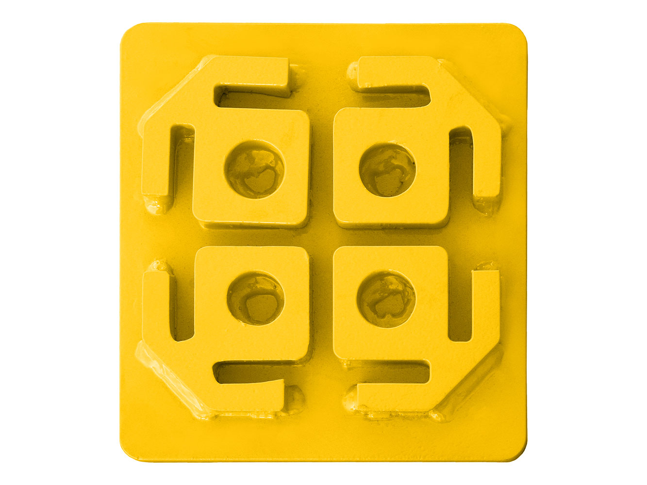 Image shows Yellow Danuser Hammer Strike Plate for guard rail with four slots and round indentations, shown in detailed close-up