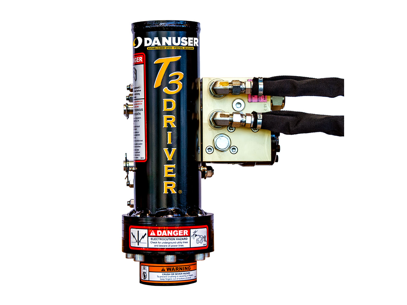 Image showing Front view of Danuser T3 post driver with 'T3 DRIVER' in yellow letters and visible hydraulic components and warning labels