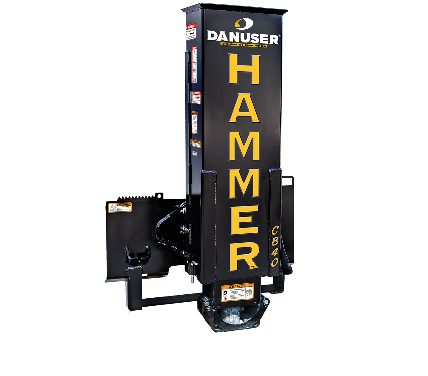 Close-up of a Danuser Hammer CB40 concrete breaker, black with yellow branding and visible warning labels, designed for heavy-duty post driving or concrete breaking tasks.