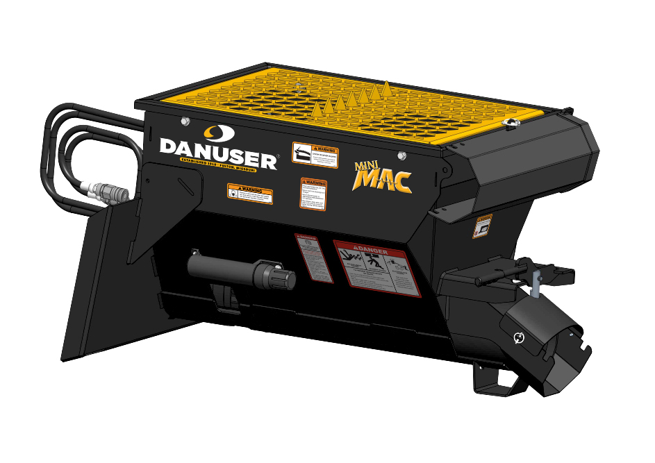 Danuser Mini MAC material handling bucket with Bobcat MT mount, shown in a clean product rendering. The attachment is black with a yellow grated top and visible hydraulic connections on the left side
