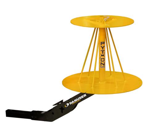Image showing Danuser Python Wire Unroller with white/yellow 'DANUSER' on black arm and 'Python' text on yellow cylinder from front-left view