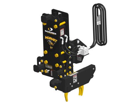 Image showing Danuser Hornet T7 post driver for backhoe/excavator front-right view with yellow 'Hornet T7' text and grapple feature