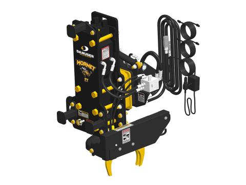 Image showing Danuser Hornet T7 post driver for backhoe/excavator front-right view with yellow 'Hornet T7' text, grapple and tilt features