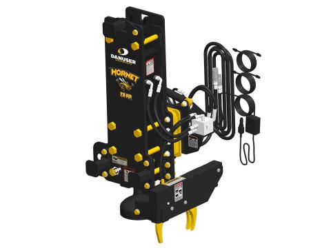 Image showing Danuser Hornet T8-RR post driver for backhoe/excavator front-right view with yellow 'Hornet T8-RR' text, grapple and tilt features