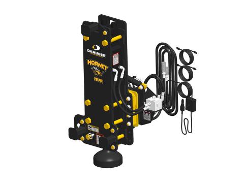 Image showing Danuser Hornet T8-RR post driver for backhoe/excavator front-right view with yellow 'Hornet T8-RR' text and tilt feature
