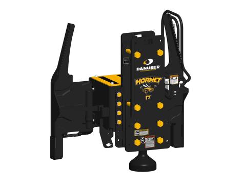 Image showing Danuser Hornet T7 post driver on skid steer, front-left view with yellow 'HORNET T7' text and visible components