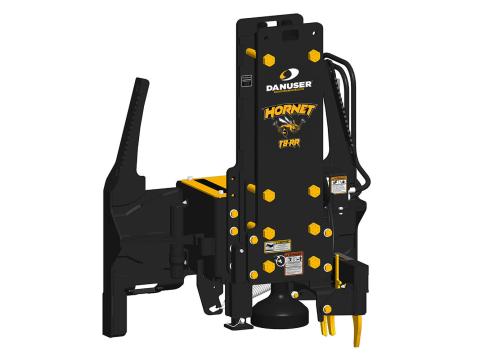 Image showing Danuser Hornet T8-RR for Skid Steer, front-left angle view with yellow 'HORNET T8-RR' text and grapple feature