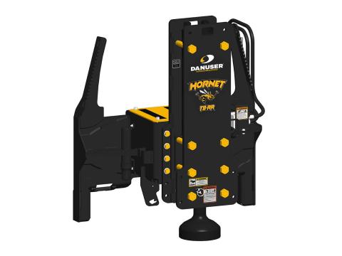 Image showing Danuser Hornet T8-RR post driver on skid steer, front-left view with yellow 'HORNET T8-RR' text and visible components