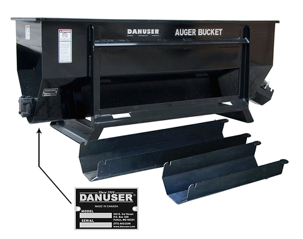 Identification of the serial number decal location on the Danuser Auger Bucket, using an arrow to direct attention to a close-up inset of the decal positioned on the left side of the unit. The visual layout emphasizes the decal’s placement and content to support accurate identification and reference.
