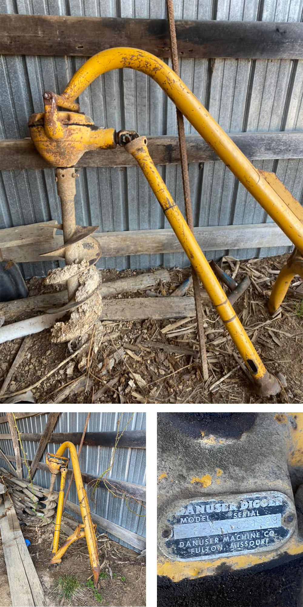 Danuser PTO digger shown laying against a barn or shed wall with an auger bit attached. close up of serial number plate shown.