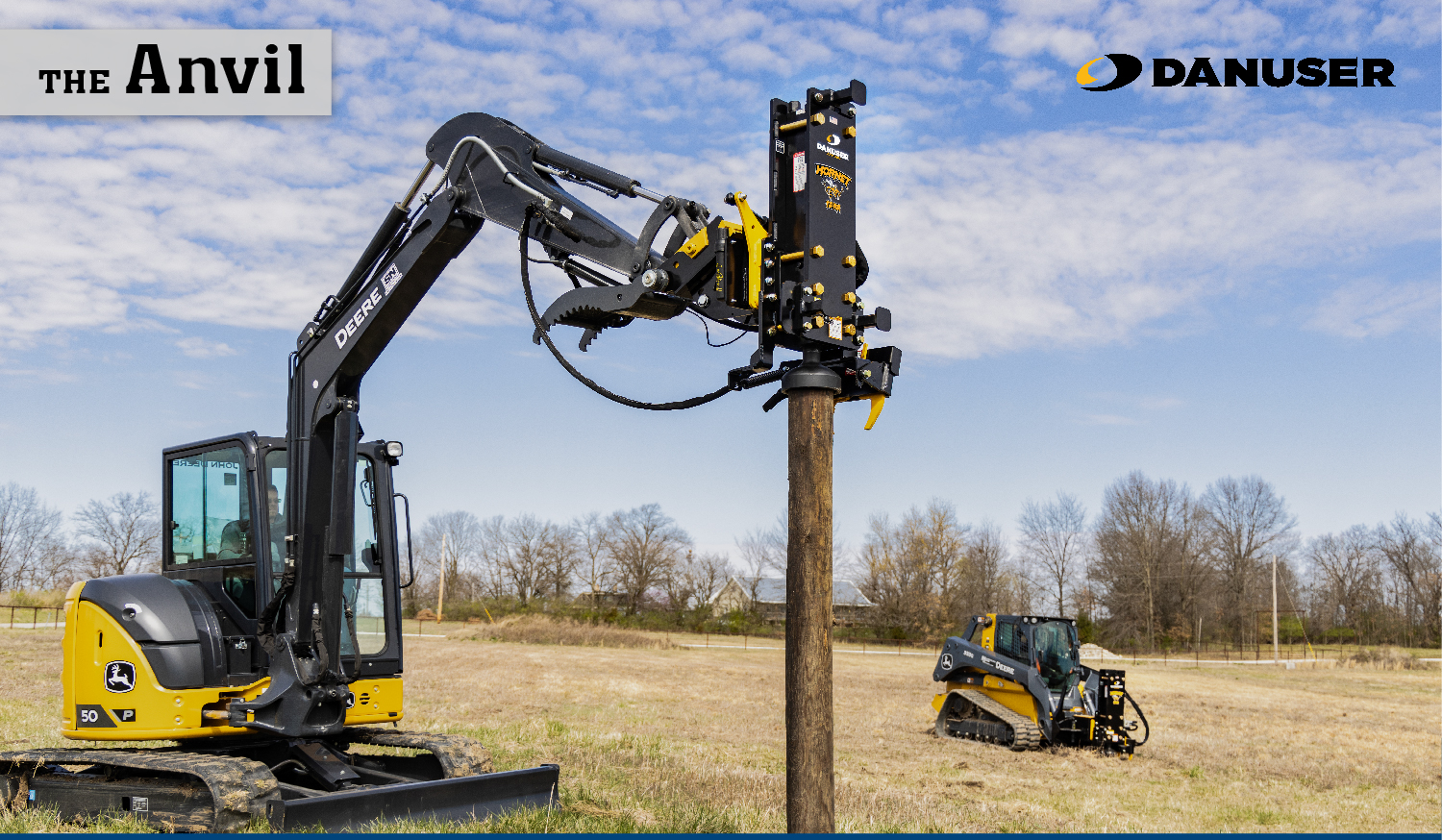 Danuser Hornet post driver attached to an excavator in the foreground with another Hornet connect to a skid-steer in the background