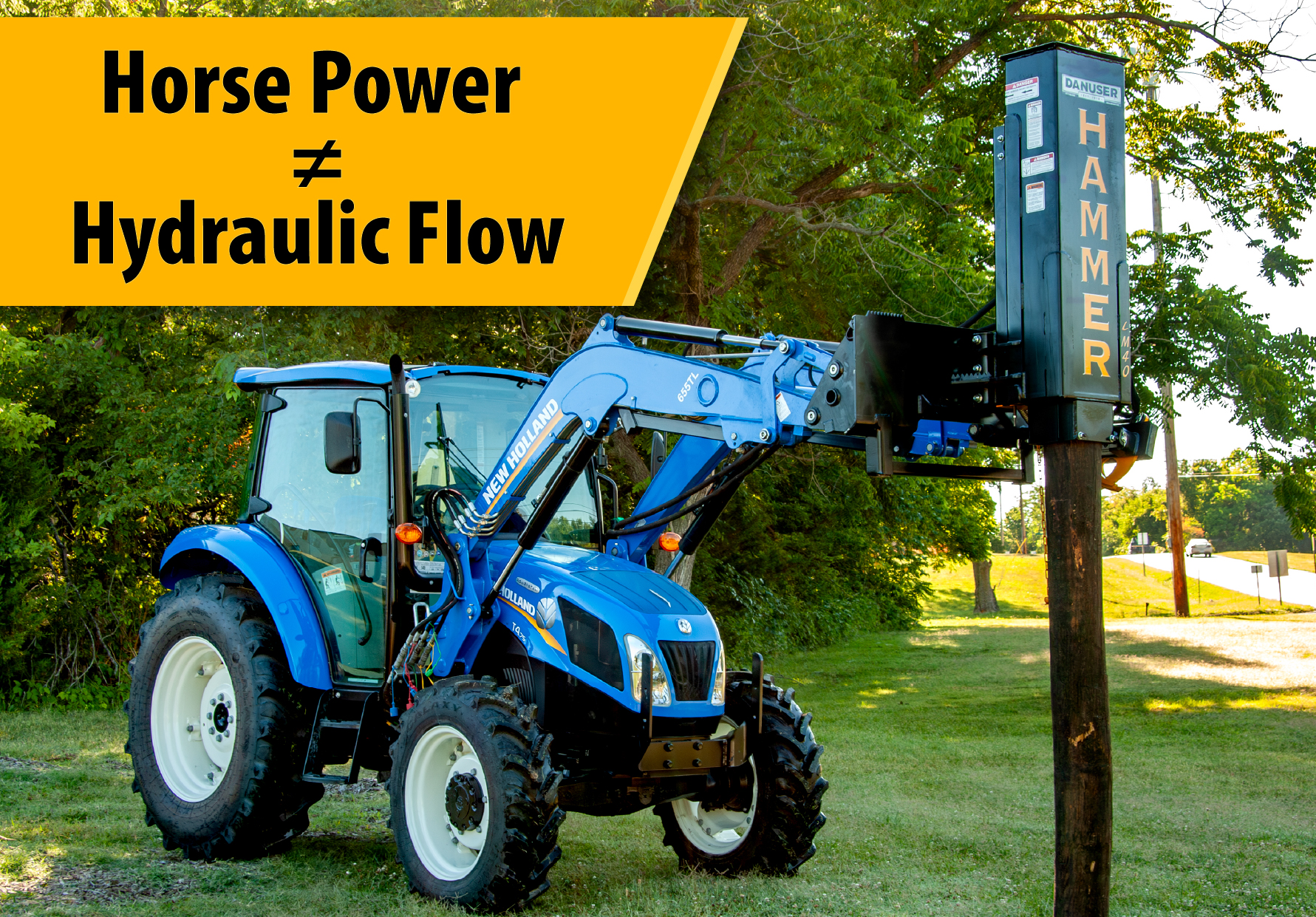 hammer on front-end loader with text on top stating Horse Power does not equal Hydraulic Flow