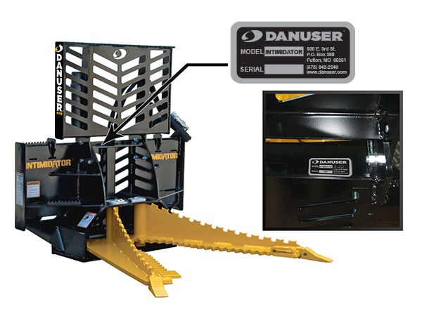 Identification of the serial number decal location on the Danuser Intimidator tree remover, using an arrow to highlight the decal’s placement on the left side of the unit near the base of the vertical support structure. Visual emphasis guides the viewer directly to the decal for easy recognition and reference.