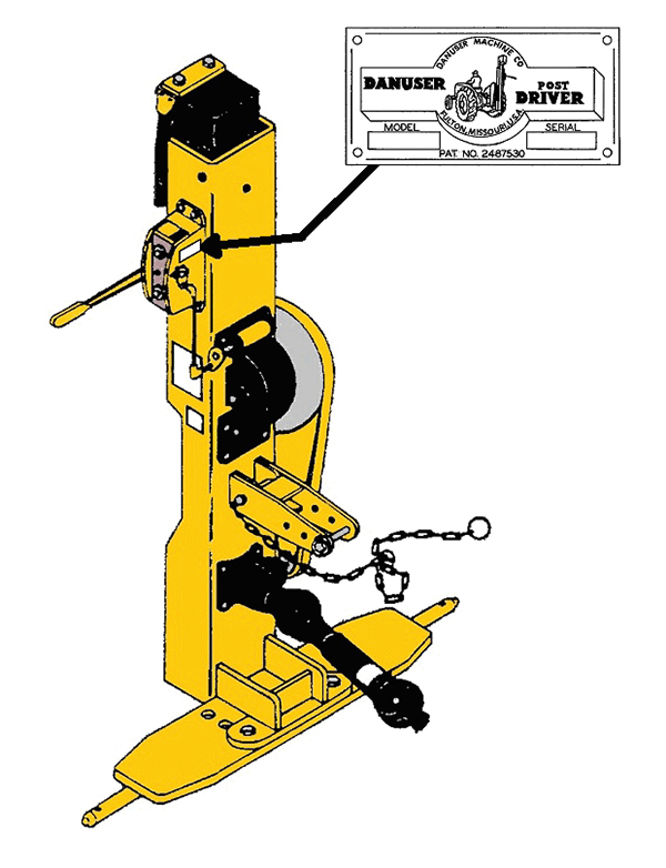 Identification of the serial number decal location on the Danuser MD series post driver, using a black arrow to direct attention to the upper part of the unit. An inset box provides an enlarged view of the decal, clearly displaying model and serial number fields to assist with accurate identification and documentation.