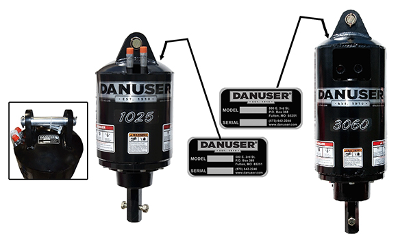 Identification of the serial number decal location on Danuser Pro Series Diggers, using arrows to highlight decal placement on the upper portion of each unit. A close-up inset reinforces the visual reference by showing the decal’s position and content, guiding users to the correct location for identification and documentation.