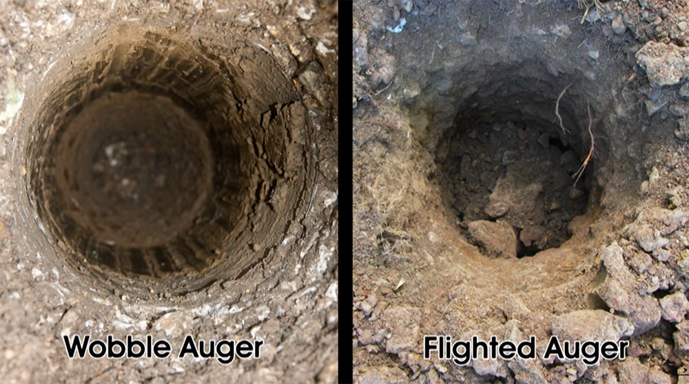 a comparison between two holes that have been augered. The left side is labelled Wobble Auger and shows a hole that is clean inside and out, the dirt has been compacted in the augering process. The right side is labelled Flighted auger and shows a hole with loose dirt and rock inside and around the hole.